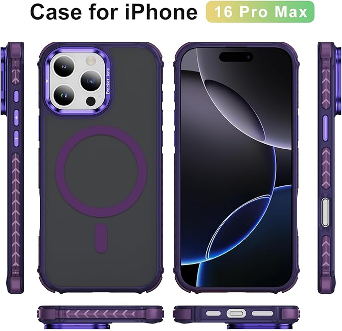 Magnetic for iPhone 16 Pro Max Case Purple with MagSafe Wireless Charging Heavy Duty Military-Grade Shockproof Protection Adjustable Kickstand Slim Matte Anti-Fingerprint Cover Men Women
