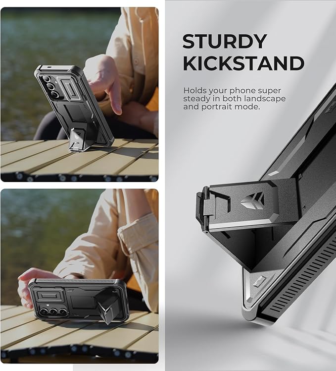 Dexnor for Samsung Galaxy S24 Case with Built-in Slide Camera Cover & Screen Protector & Kickstand, Heavy-Duty Shockproof Rugged Case Full-Body Bumper Protective Cover for Galaxy S24 (2024),Black