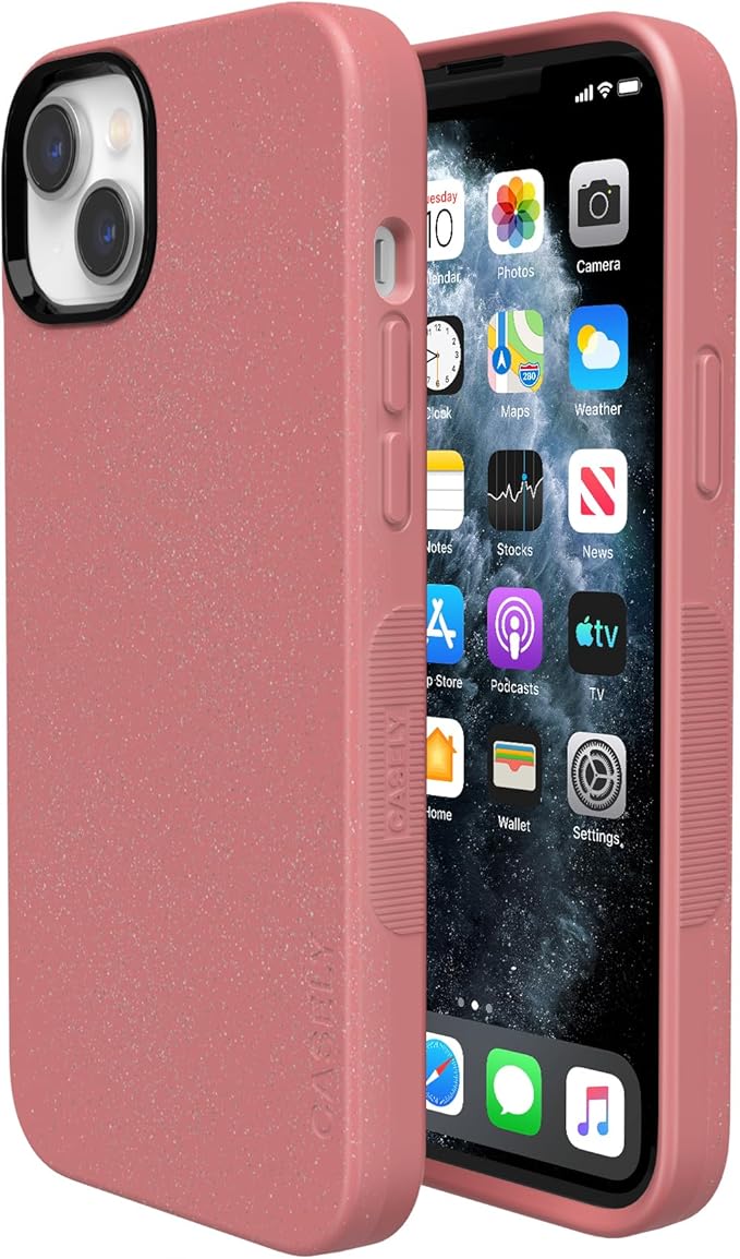 Casely iPhone 14 Case | Starfish Wishes | Coral Pink Shimmer Glitter | Bold Protective Design | Compatible with MagSafe