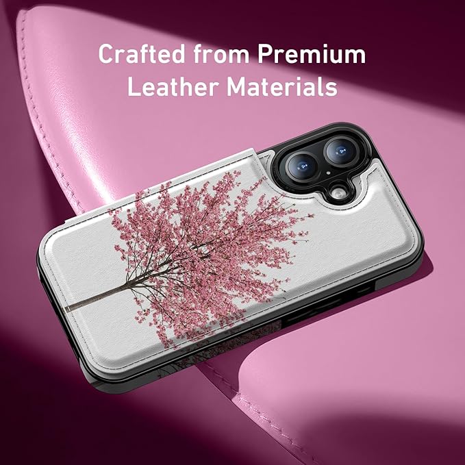 FUNMIKO for iPhone 16 Wallet Case with Card Holder, RFID-Blocking, Military-Grade Protection & UV-Printed Artwork, Magnetic Closure with Leather Kickstand - Blooming Cherry Tree