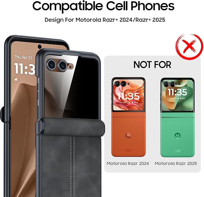 for Motorola Razr+ Plus 2025 Case/Razr+ Plus 2024 Case, Built-in Privacy Screen Protector & Hinge Protection & Ultra Thin Leather PC Shockproof Phone Case for Moto Razr+ 2025/Razr+ 2024 (Black)