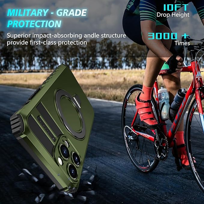 for iPhone 13 Pro Max Case Magnetic Compatible with Magnetic Wireless Charging,with 2 Screen Protectors,with Kickstand Shockproof Shock-Absorbent Heavy Duty Protection Scratch Resistant Green