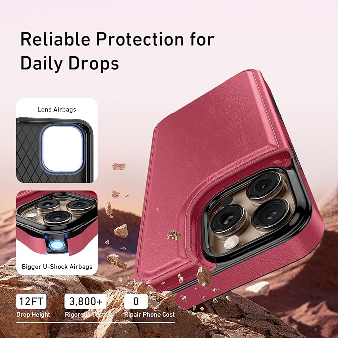 FUNMIKO for iPhone 16 Pro Max Wallet Case with Card Holder, RFID-Blocking, Military-Grade Protection & UV-Printed Artwork, Magnetic Closure with Leather Kickstand - Hot Pink