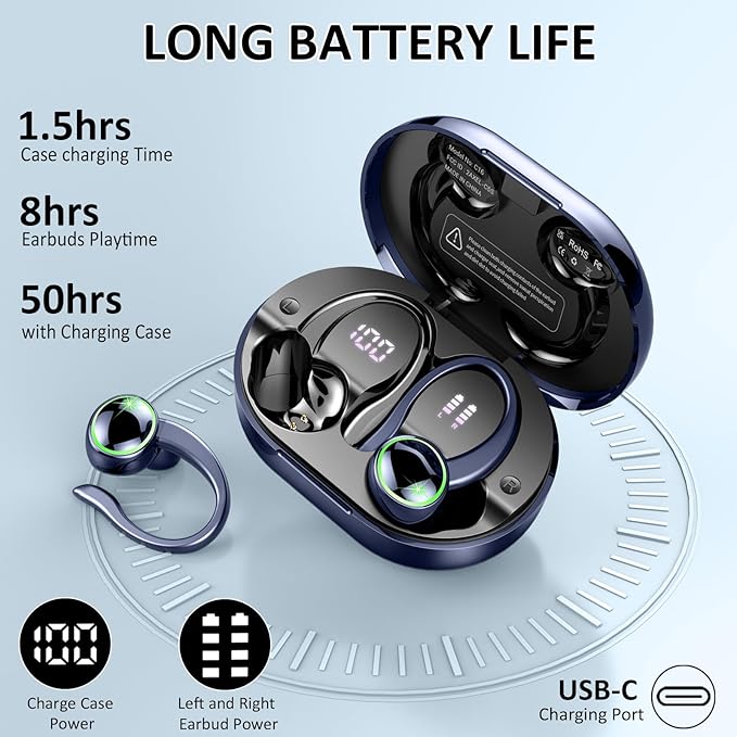 Wireless Earbuds, Bluetooth 5.4 Headphones Sports, 50H Playback Over-Ear Buds with ENC Noise Cancelling Mic, Deep Bass Fitness Earphones with Earhooks, IP7 Waterproof Headset for Running, Blue