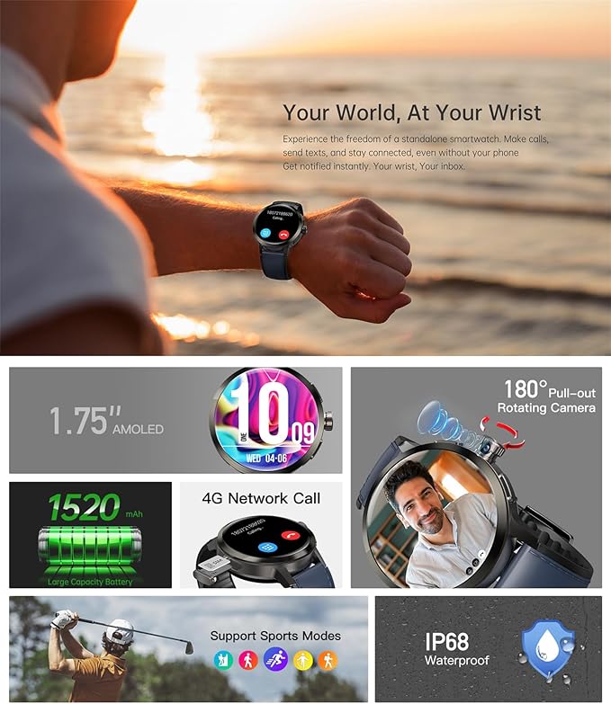 4G Smart Watch SL8541E Quad Core 2GB+16GB Rotating Camera Men Watch 1.75" AMOLED Large Screen Android 8.1 Smartwatch 1520mAh WiFi Bluetooth GPS Fitness Tracker Sport Watch (Gray)