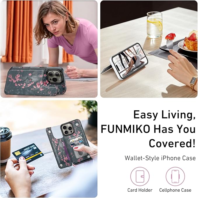 FUNMIKO for iPhone 15 Pro Max Wallet Case with Card Holder, RFID-Blocking, Military-Grade Protection & UV-Printed Artwork, Magnetic Closure with Leather Kickstand - Mystic Blooming Plum