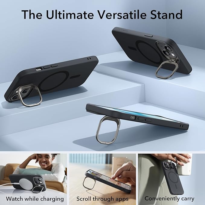 ESR for iPhone 15 Case, MagSafe Silicone Case with Stand, Military-Grade Protection, Built-in Camera Stash Stand, Magnetic Phone Case for iPhone 15, Cloud Series, Black