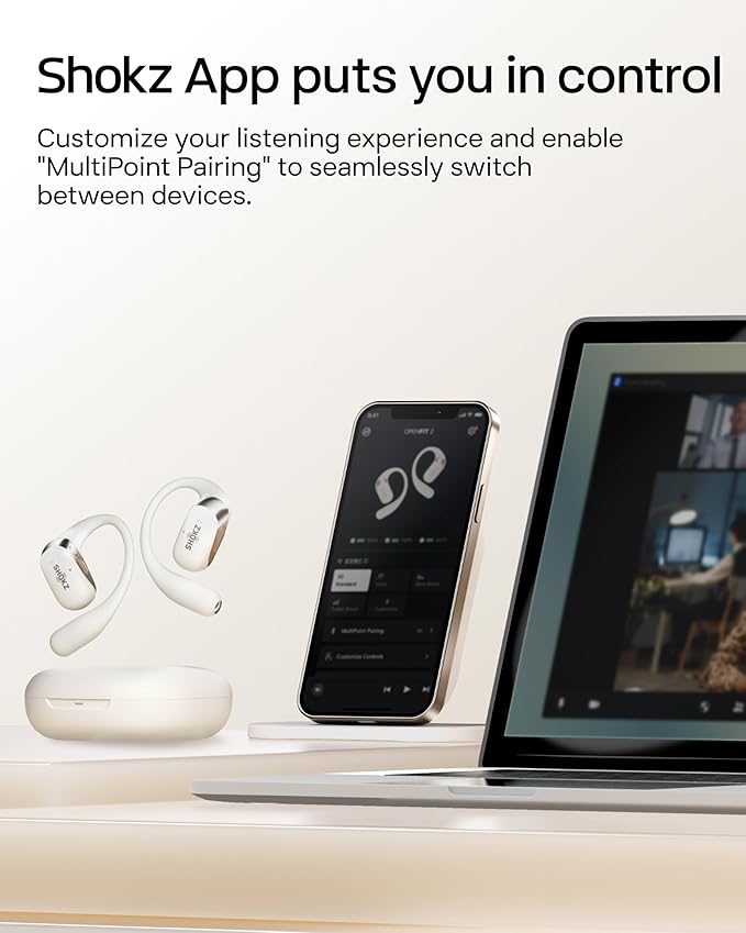 SHOKZ New OpenFit 2 Open-Ear Headphones, True Wireless Bluetooth Earphones with Microphone, Earhook Earbuds with 48 Hours of Playtime, Fast Charging, IP55 Water-Resistant, with Carrying Bag, Beige