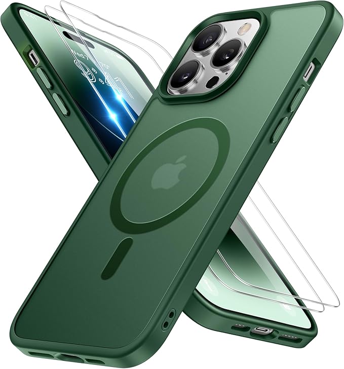Miracase Magnetic Series Designed for iPhone 14 Pro Max Case [Compatible with MagSafe] [with 2X Screen Protectors] Anti-Fingerprint, Magnetic Phone Case for iPhone 14 Pro Max 6.7 inch - Dark Green