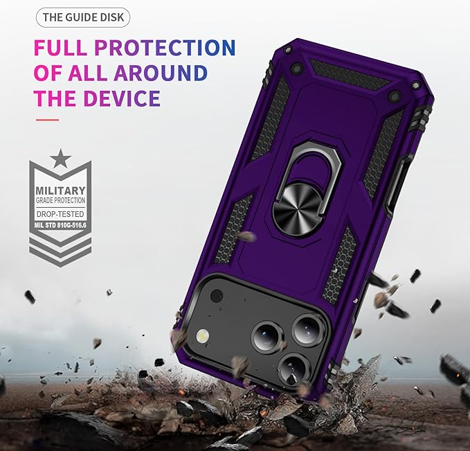 ADDIT Compatible with iPhone 17 Pro Max Case with Tempered Glass Screen Protector, Adjustable Kickstand Ring, Military-Grade Heavy Duty Protection, Shockproof, Anti-Fingerprint,Purple
