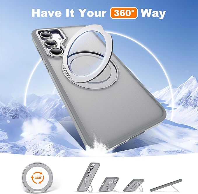 for Samsung Galaxy S24 FE Case with 360° Rotatable Magnetic Ring Stand Compatible with Mag-Safe Military Protection Shockproof Matte Translucent Phone Cases for S24 FE,Gray