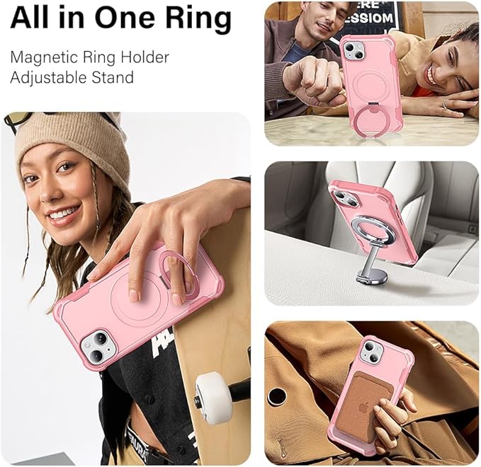 Designed for iPhone 14 Case with Magnetic Stand [Military Drop Protection][Compatible with Magnet] Shockproof 14 Phone Case with Ring Holder, Pink