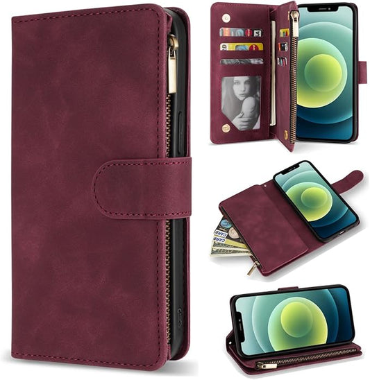 ZZXX for iPhone 12 Mini Wallet Case with Card Slot Premium Soft PU Leather Zipper Flip Folio Wallet with Wrist Strap Kickstand Protective for iPhone 12 Mini Case Wallet(Wine Red 5.4 inch)