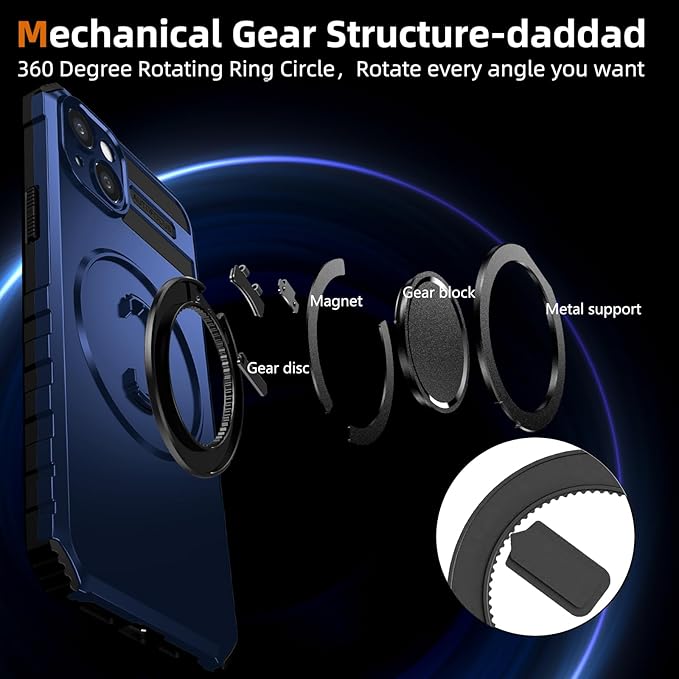 Magnetic for iPhone 15 Case Compatible with MagSafe Wireless Charging,15 Phone Case with 2 Screen Protectors,Built-in Kickstand Ring Military Grade Drop Shockproof Heavy Duty Protection Blue