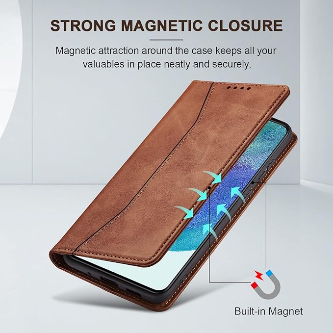 Jasonyu Flip Wallet Case for Samsung Galaxy S21 FE,Leather Magnetic Folio Cover with Card Holder,Kickstand - TPU Shockproof Durable Protective Phone Case,Brown