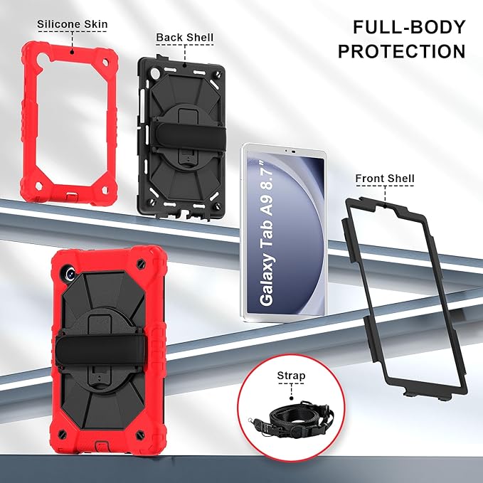 for Samsung Galaxy Tab A9 Case 8.7 inch (SM-X110/X115/X117), Heavy Duty Shockproof Silicone Cover Rugged 360 Stand Hand Shoulder Strap for Galaxy A9 Tablet Red+Black
