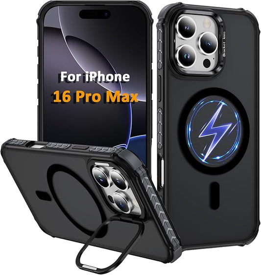Magnetic for iPhone 16 Pro Max Case Black with MagSafe Wireless Charging Heavy Duty Military-Grade Shockproof Protection Adjustable Kickstand Slim Matte Anti-Fingerprint Cover Men Women