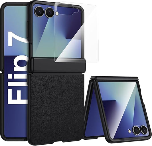 Leather Case for Samsung Galaxy Z Flip 7 | TPU Shockproof | Soft Nappa Leather | Magnetic Hinge Protection | Glass Screen Protector | Sleek Slim Fit | Wireless Charging | Rugged Phone Cover | Black