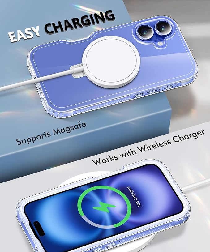 Compatible with iPhone 16 Case, Built-in Screen Protector & Seamless Stand, with Camera Lens Protector, Strong Magnetic Clear Phone Case, Full Body Protective Cover for 6.1" (Clear)