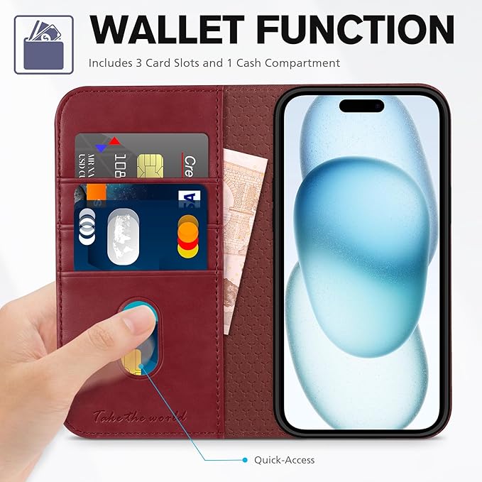 TUCCH Case for iPhone 15 6.1", PU Leather Flip Wallet Case, Stand Folio Cover with [RFID Blocking] [3 Credit Card Slot] Shockproof [Soft TPU Interior Case] Compatible with iPhone 15 5G 2023, Dark Red