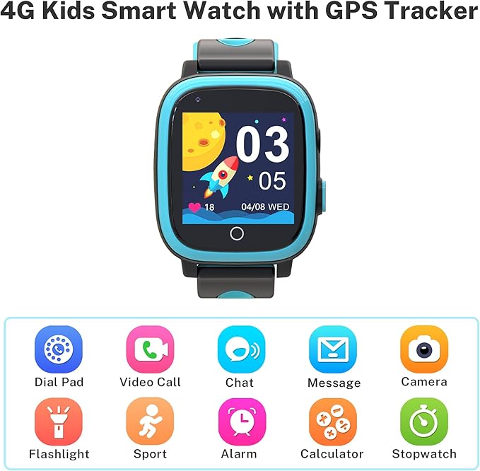 4G Kids Smart Watch Boys,GPS Watch for Kids with Video Call Voice Chat Alarm SOS Camera Pedometer Stopwatch Caculator Flashlight Kid GPS Tracker Watches Age 5-12