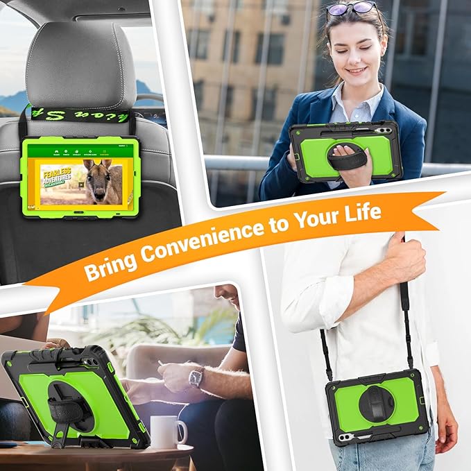 SEYMAC Case for Samsung Galaxy Tab S10+ Plus 2024/S9 FE+/S9+ 12.4" 2023, Heavy Duty Shockproof Protective Case With Screen Protector, Stand, Hand/Shoulder Strap and Pen Holder, Green