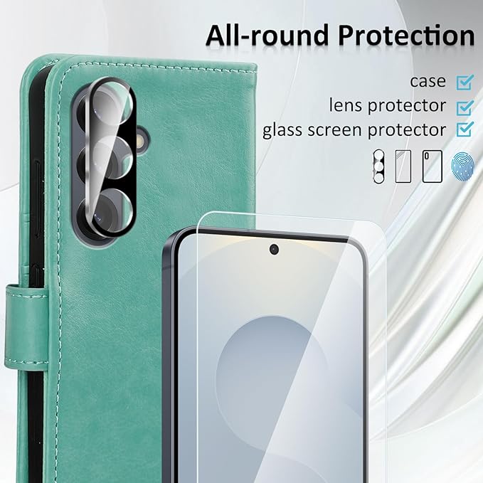 MONASAY Wallet Case Fit for Samsung Galaxy S25 5G, [Lens & Glass Screen Protector Included] [RFID Blocking] Flip Folio Leather Cell Phone Cover with Credit Card Holder, 6.2 inch, Mint