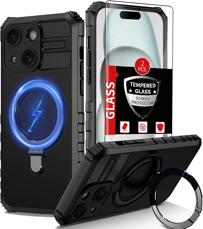 for iPhone 15 Case Magnetic Compatible with MagSafe Wireless Charging,with 2 Screen Protectors,Built-in Kickstand Ring,Shockproof Shock-Absorbent Scratch Resistant Heavy Duty Protection Black