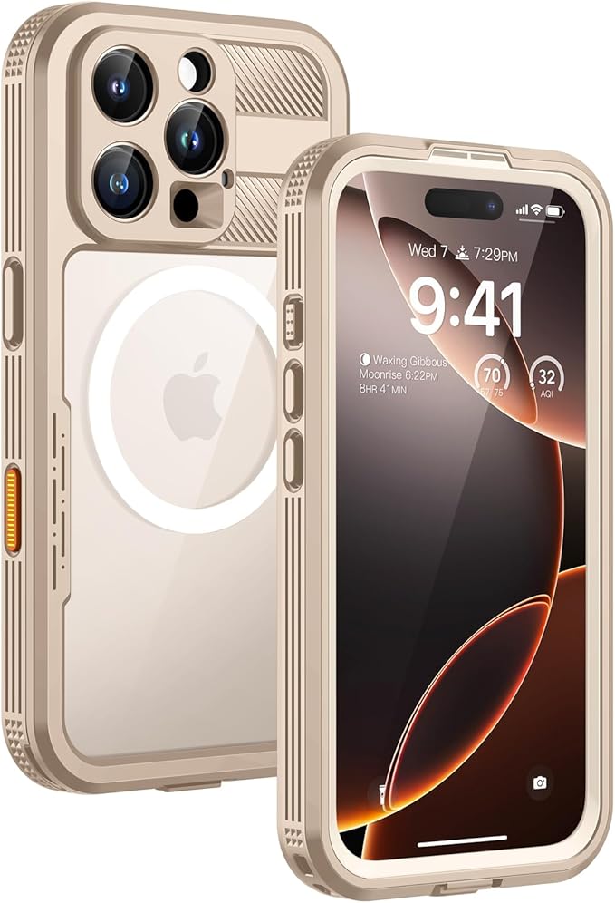 Lanhiem Magnetic for iPhone 16 Pro Max Case, IP68 Waterproof Dustproof Case, [Compatible with Magsafe] [Built-in Screen Protector] Full Body Heavy Duty Rugged Phone Cover 6.9 inch, Desert