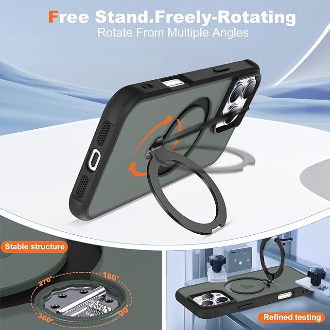 Compatible with iPhone 16 Pro Case with Invisible Magnetic 360°Spin Stand,Military-Grade Shockproof Protection [Compatible with Mag-Safe] Non-Slip Edge Translucent Case (6.3",Black)