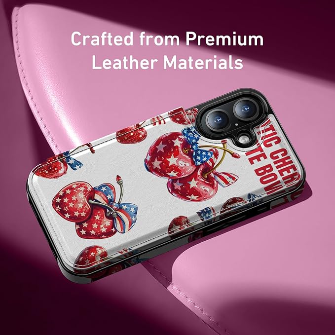 FUNMIKO for iPhone 16 Wallet Case with Card Holder, RFID-Blocking, Military-Grade Protection & UV-Printed Artwork, Magnetic Closure with Leather Kickstand - Cherries with Bow