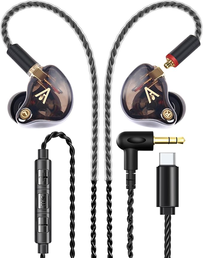 Vibes 201MC Wired Earbuds in Ear Headphones with Mic, USB C to 3.5mm Adapter & Braided Cord, Noise Isolating Bass Driven Earphones, Carry Case, Ear Buds Tips, 3.5mm Jack (Clear Brown)