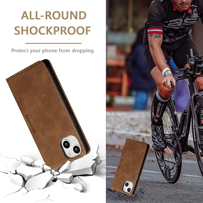 QLTYPRI Case for iPhone 14, Vintage PU Leather Wallet Case Card Slot Kickstand Magnetic Closure Shockproof Flip Folio Book Case Cover for iPhone 14(6.1 inch) - Retro Brown