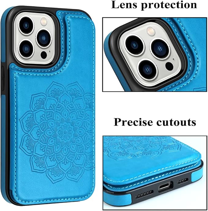 MMHUO for iPhone 14 Pro Case with Card Holder,Flower Magnetic Buttons Protective Wallet Case for Women for iPhone 14 Pro,Blue
