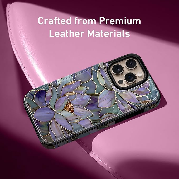 FUNMIKO for iPhone 16 Pro Max Wallet Case with Card Holder, RFID-Blocking, Military-Grade Protection & UV-Printed Artwork, Magnetic Closure with Leather Kickstand - Dreamy Lotus