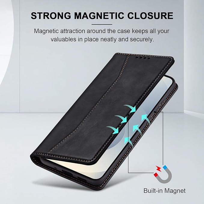 Jasonyu Flip Wallet Case for Samsung Galaxy S25 Plus/S25+,Leather Magnetic Folio Cover with Card Holder,Kickstand - TPU Shockproof Durable Protective Phone Case,Black
