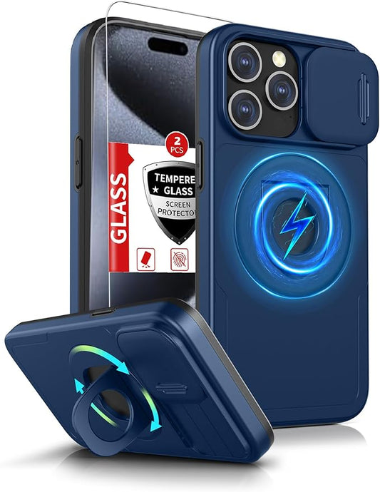 for iPhone 15 Pro Case Compatible with MagSafe Magnetic,with 2 Screen Protectors,Built-in Camera Cover,with Stand Ring,Military Grade Drop Shockproof Heavy Duty Protection Phone Bumper Blue