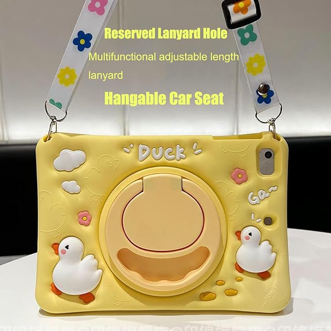 for Galaxy Tab A9 Case 8.7 inch 2023 Kids Girls Cute 3D Kawaii Cartoon Silicone Cover with 360°Rotatable Stand Shoulder Strap Hand Grip Case for Tab A9 Tablet SM-X110/X115/X117(Duck)