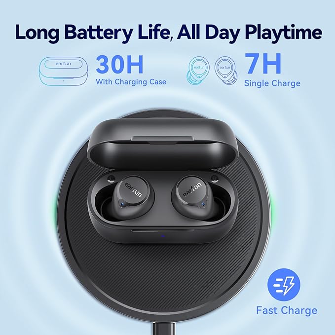 EarFun Free 2S Wireless Earbuds, [Upgraded Version] Bluetooth Earbuds with Deep Bass, 4 Mics for Clear Call, Customizable EQ App, IPX7 Waterproof in-Ear Headphones, 30H Playtime, Wireless Charging