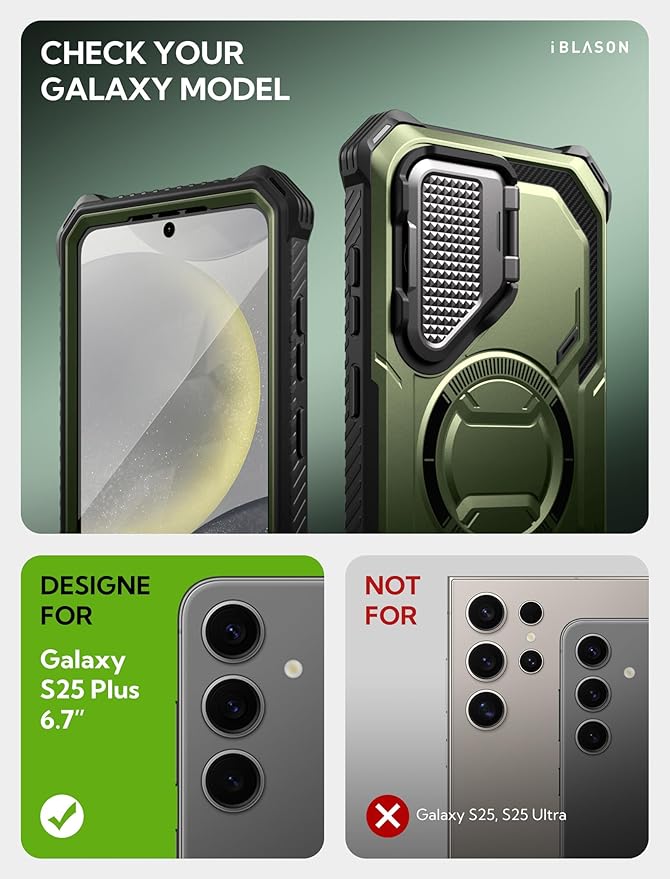 i-Blason for Samsung Galaxy S25 Plus Case with Camera Cover Stand [MagSafe Compatible] [Built-in Screen Protector] Full-Body Military-Grade Protection Rugged Magnetic Phone Case for S25 Plus, Green