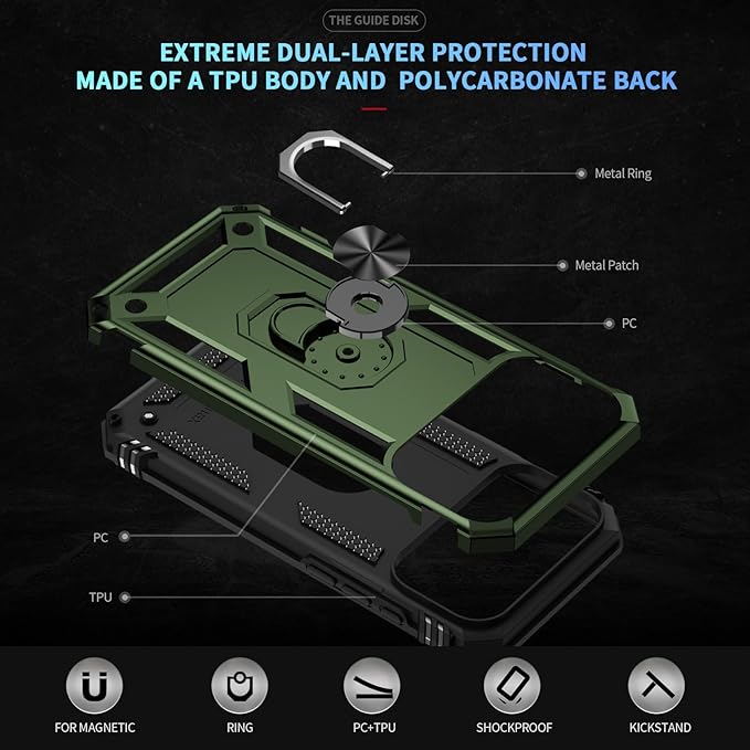 ADDIT Compatible with iPhone 17 Pro Max Case with Tempered Glass Screen Protector, Adjustable Kickstand Ring, Military-Grade Heavy Duty Protection, Shockproof, Anti-Fingerprint,ArmyGreen