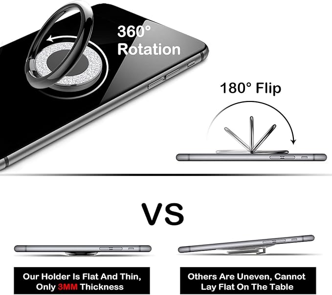 Cell Phone Ring Holder Stand, Cell Phone Grip Holder, Adhesive Phone Grip for Phones and Cases. (Glitter Black)