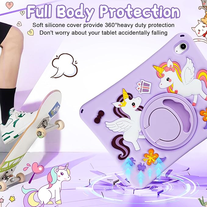HianDier for iPad A16 Case 11th 2025 iPad 10th Generation Case for Kids Cute Unicorn Silicone Tablet Cover with Detachable Strap and Rotatable Stand Shockproof Cover for iPad 11inch 10.9inch-Purple