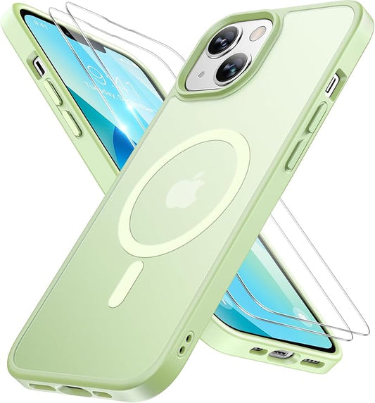 Miracase Magnetic for iPhone 13 Case 6.1 inch (Compatible with MagSafe)（with 2X Screen Protectors） Military-Grade Protection, Anti-Fingerprint Translucent Matte Phone Case Cover, Light Green