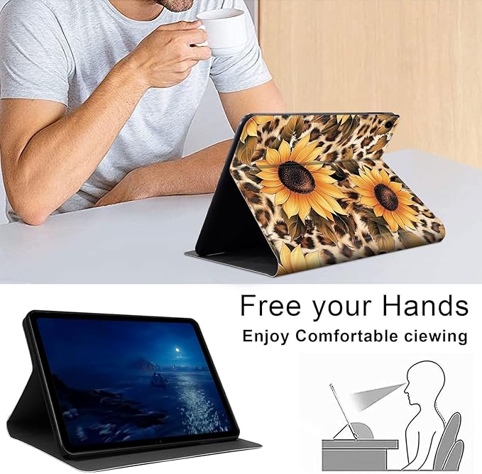 Case for Samsung Galaxy Tab A9+/A9 Plus 11” 2023 Model (SM-X210/X216/X218), Slim PU Leather Stand Cover with Auto Wake/Sleep, Multi-Angle Viewing & Shockproof, Leopard Sunflower