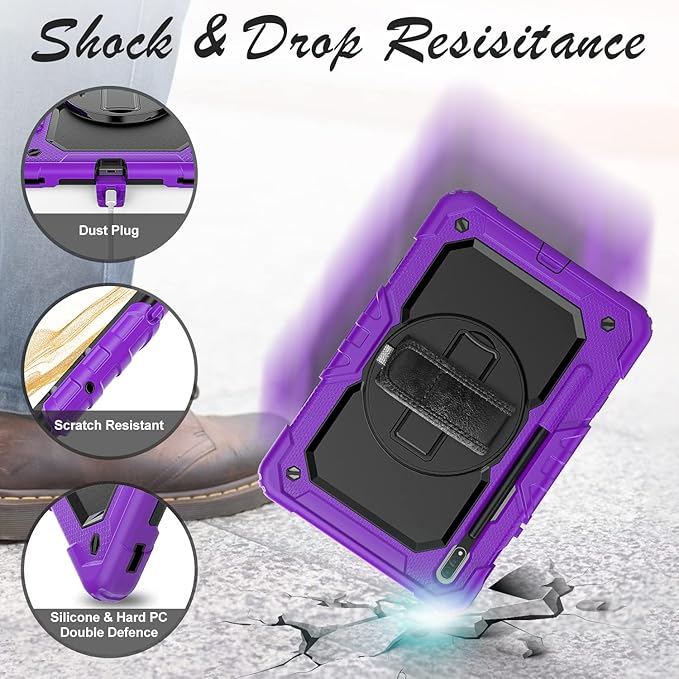 Case for Samsung Galaxy Tab S8/S7 11-inch 5G Tablet Case 2022/2020, [with 9H Tempered Glass Screen Protector], Rotating Kickstand, Hand & Shoulder Strap, S Pen Holder (Purple)