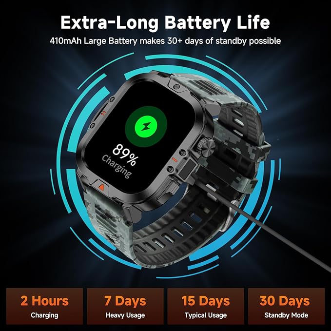 Smart Watch for Men Military Answer/Make Call 2.01″ Display 170+ Sports Modes Fitness Smart Watch IP68 Waterproof 30 Days Standby Smartwatch for Android iOS Black Camouflage Silicone Strap
