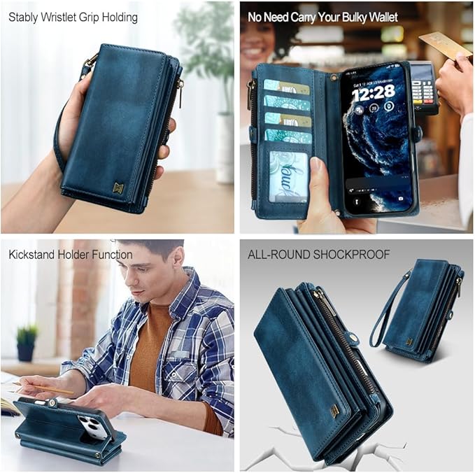 for iPhone 17 Pro Wallet Phone Case with 7 Card Holder,RFID Blocking | PU Leather | Kickstand | Flip | Wrist Strap&Shoulder Strap | Shockproof | Zipper Wallet | Women Men | 6.3" | Blue