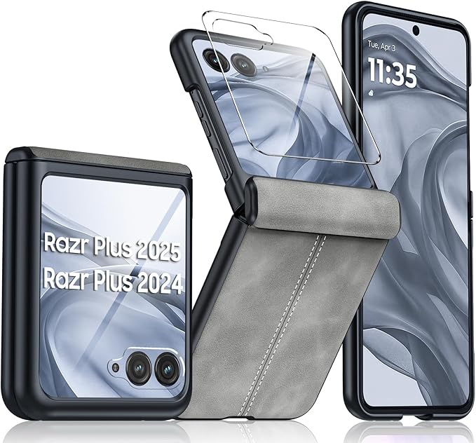 for Motorola razr+ Plus 2024 Case/Razr+ Plus 2025 Case Built-in Screen Protector& Hinge Protection & Ultra Thin PU Leather Matte PC Shockproof Phone Case for Moto Razr+ 2024/Razr+ 2025 (Gray)
