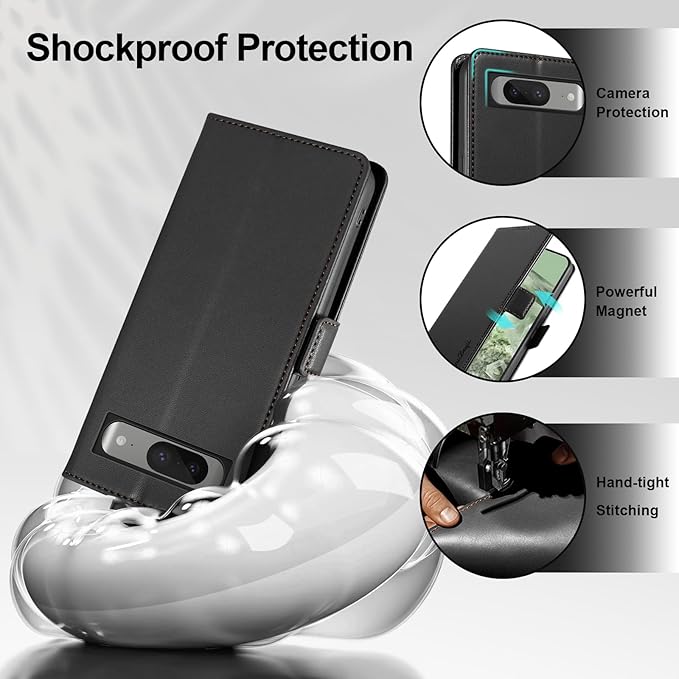 Wallet Flip Case for Google Pixel 8 - [RFID Blocking] Luxury PU Leather Card Holder Magnetic Phone Cover with Kickstand,Shockproof Protective Case,Black